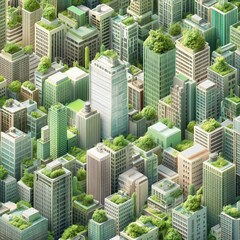 Panoramic AI-created metropolis layout filled with diverse green buildings arranged in layered formations