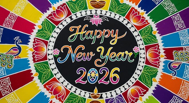 Colorful happy new year 2026 rangoli art with traditional motifs