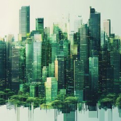 Panoramic AI-created metropolis layout filled with diverse green buildings arranged in layered formations