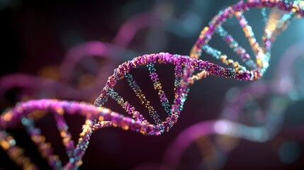Abstract 3D rendering of a glowing purple and blue DNA double helix strand.