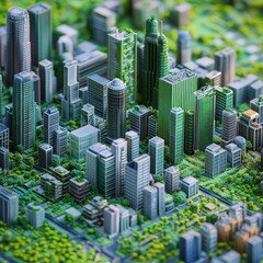 Panoramic AI-created metropolis layout filled with diverse green buildings arranged in layered formations