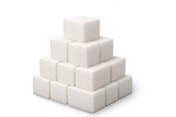 Sugar cubes forming a pyramid, symbolizing sweetness, excess, and unhealthy food choices on a transparent background