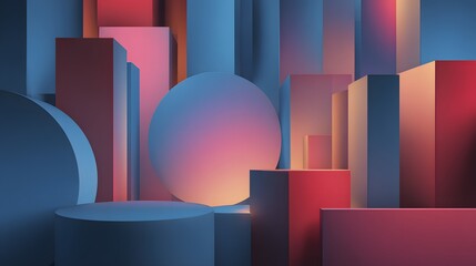 Abstract 3D Geometric Shapes Composition with Vibrant Gradient Lighting.