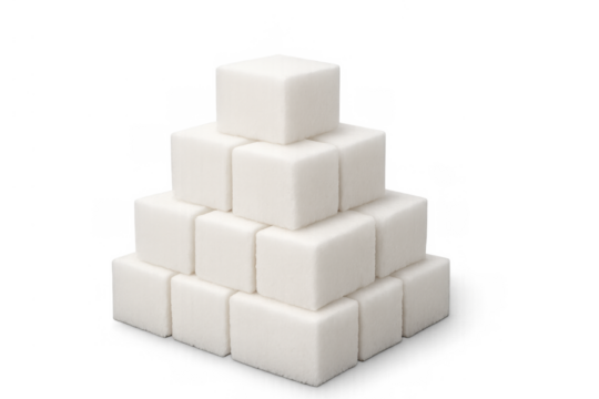 Sugar cubes forming a pyramid, symbolizing sweetness, excess, and unhealthy food choices on a transparent background