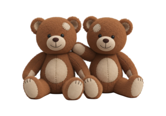 Two cuddly brown stuffed bears sit closely together with an arm around each other