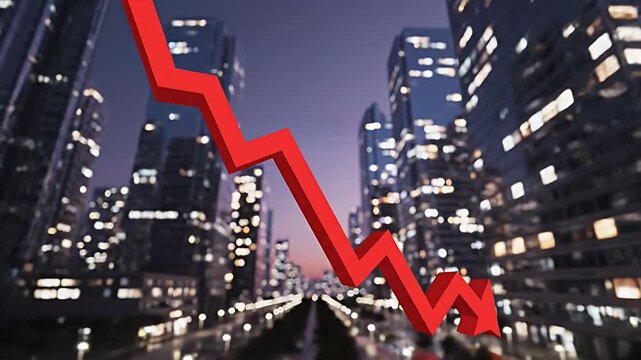 Red downward trend arrow over a blurry metropolitan cityscape at night depicting economic recession market decline stock crash and global financial crisis