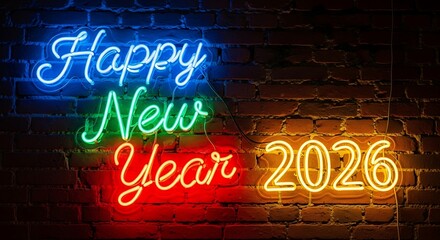 Happy new year 2026 vibrant neon sign glowing on a brick wall