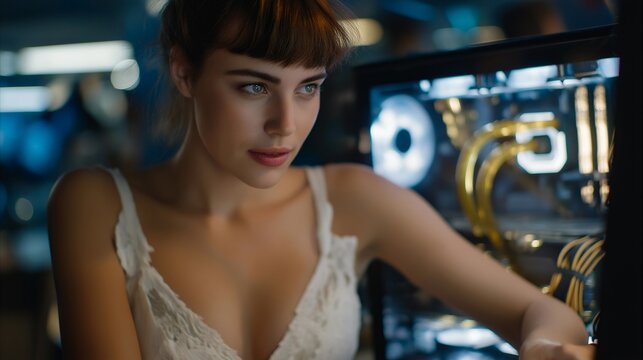 A gamer assembling a high-end PC rig with RGB lighting, water cooling tubes, and tempered glass panels glowing in a dark room — custom gaming setup, PC building culture, and immersive technology