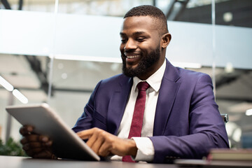 Happy young african american businessman using modern digital tablet, enjoying newest mobile application for business, trading on stocks and markets while workign at office, copy space