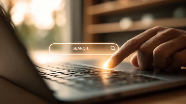 Finger pressing search key on laptop for online information access