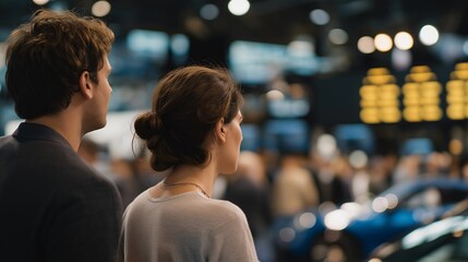Wide-angle view of high-tech car auction event with LED screens showing live bid numbers — representing luxury lifestyle, digital finance innovation, and modern auto industry elegance in