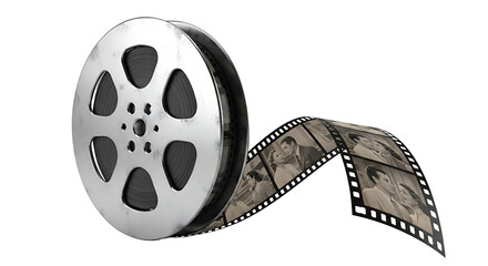 Vintage Film Reel with Movie Strip Unspooling on Transparent Background