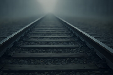 Railroad Tracks Fading Into Thick Fog With Deep Perspective