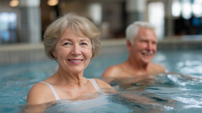 A senior couple participating in a water aerobics class at a community pool, smiling as low-impact resistance exercises build strength and flexibility — senior fitness, joint-friendly workouts, and
