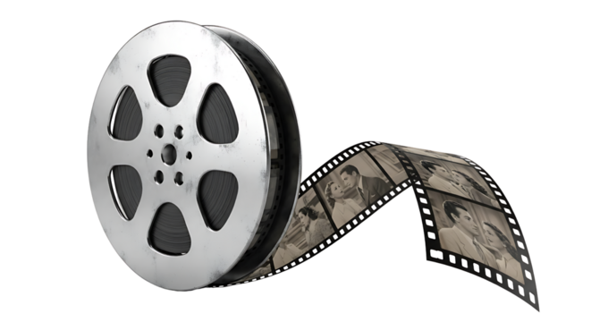 Vintage Film Reel with Movie Strip Unspooling on Transparent Background