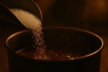 Sugar Pouring Into Pot In Warm Kitchen Lighting