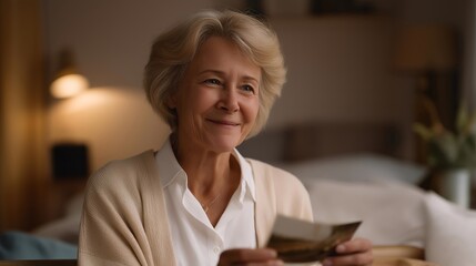 An elderly woman in a softly lit room reacting emotionally while holding an old photograph, her smile blending nostalgia and longing — memory, generational storytelling, and sentimental emotional