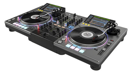 Professional DJ Turntables Mixer Setup for Electronic Music isolated on transparent background