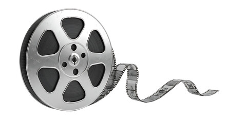 Vintage Movie Film Reel with Unspooling Strip on Transparent Background