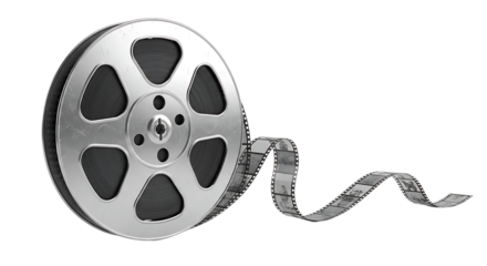 Vintage Movie Film Reel with Unspooling Strip on Transparent Background