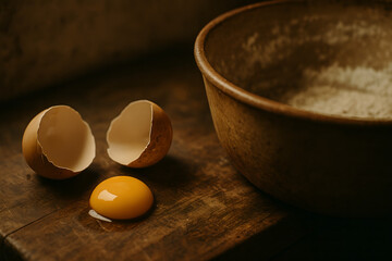 Cracked Egg And Rustic Bowl On Wooden Kitchen Surface
