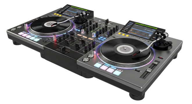 Professional DJ Turntables Mixer Setup for Electronic Music isolated on transparent background