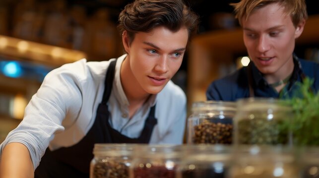 A sommelier training junior staff in a restaurant, teaching aroma identification using jars of herbs, fruits, and spices — mentorship in hospitality, professional skill-building, and sensory
