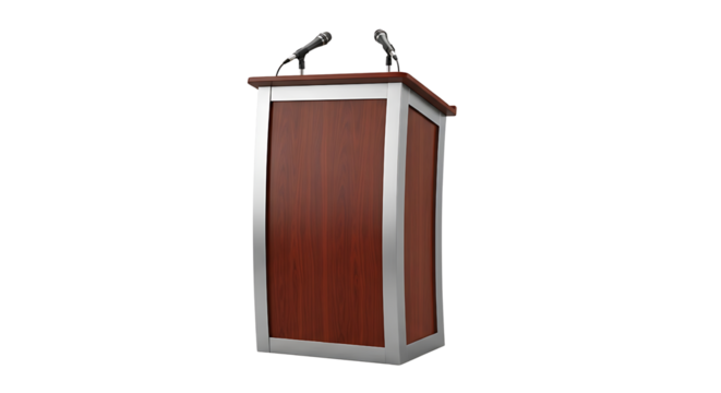 Wooden Podium with Two Microphones for Public Speaking, Isolated on Transparent Background