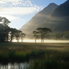 Scene framed by fog-covered mountains and dewdrops catching the early sunlight