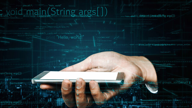 A hand holds a sleek smartphone displaying a bright screen against a backdrop of digital coding and futuristic graphics, symbolizing innovation in technology. Xenic