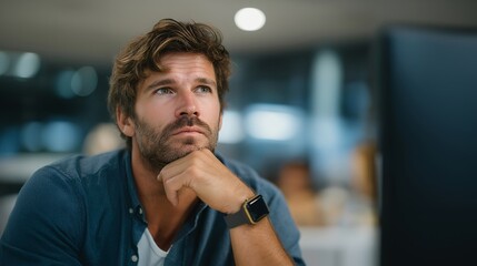 A man in a corporate office pausing mid-presentation as his smartwatch buzzes with life-changing news, expression shifting from shock to joy while colleagues look on — professional setting,