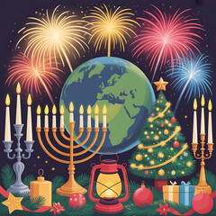 Festive holiday scene with menorah, christmas tree, globe, and fireworks