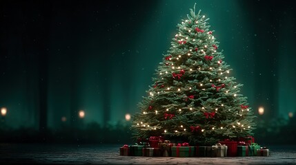 Xmas card vector concept: glowing tree bottom-left, copy top-right, luxe dark-gold backdrop for greetings, ideal for print card, e-invite, corporate calendar