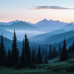 Soft dawn light enhances the cool dewy environment across the mountain slopes