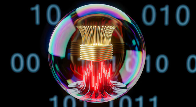 Conceptual 3D illustration of an iridescent bubble encasing a golden optical fiber core, with a volatile red stock market graph emerging from the bottom, symbolizing financial risk and speculative tec