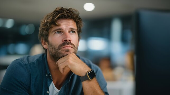 A man in a corporate office pausing mid-presentation as his smartwatch buzzes with life-changing news, expression shifting from shock to joy while colleagues look on — professional setting,