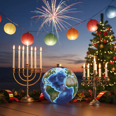 Festive holiday scene with menorah, christmas tree, globe, and fireworks