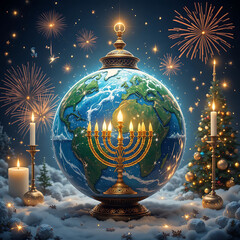 Festive holiday scene with menorah, christmas tree, globe, and fireworks