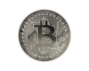 Silver bitcoin coin isolated on white background. Symbol of electronic virtual money
