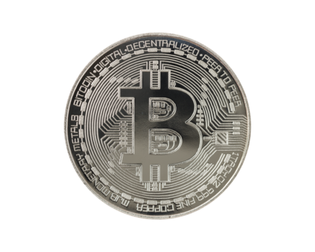 Silver bitcoin coin isolated on white background. Symbol of electronic virtual money