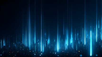 Abstract blue digital light trails moving upwards on a dark background.