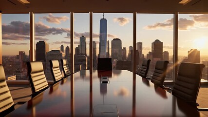 A modern conference room with a large wooden table and high-back chairs overlooking a city skyline through floor-to-ceiling windows during sunset