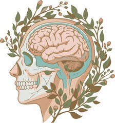 Conceptual artwork showcasing the beauty and complexity of the human brain surrounded by nature