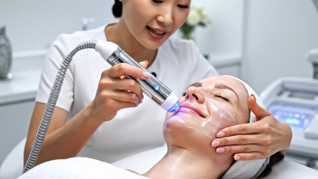 Woman Receiving Facial Skin Treatment With Led Light Therapy Device in Spa