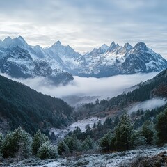 The wide-angle background reveals fog-covered peaks stretching into the distance