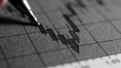 Detailed view of a pen creating a grayscale candlestick chart representing financial market trends stock trading and investment data analysis - Powered by Adobe