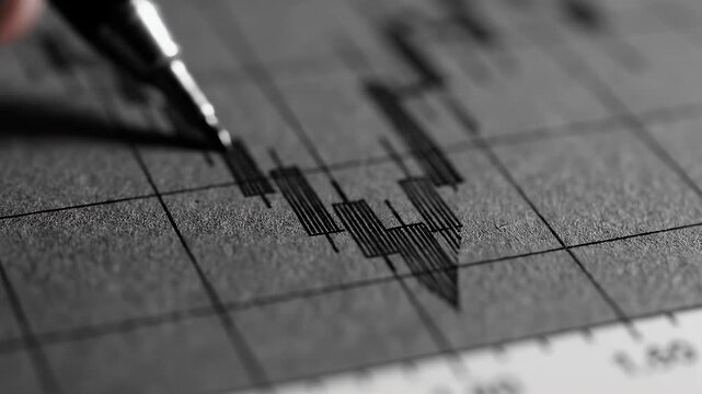 Detailed view of a pen creating a grayscale candlestick chart representing financial market trends stock trading and investment data analysis