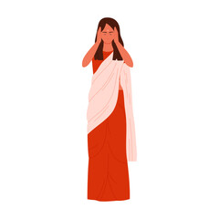 Isolated Indian woman in traditional sari holding head, expressing stress or headache vector illustration