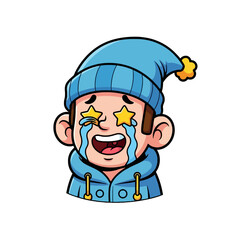 Cartoon boy with star eyes wearing a blue beanie and crying tears of joy.