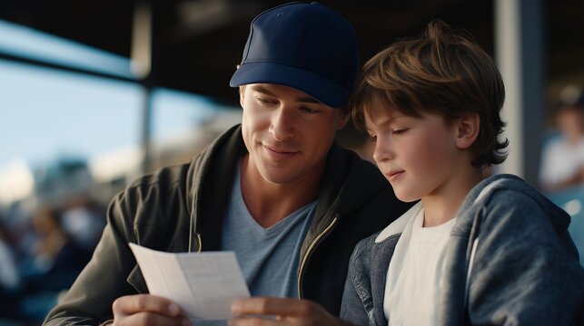 A baseball fan father sits beside his child in a sunlit local ballpark, patiently teaching how to keep score on a paper card — a nostalgic image of mentorship, tradition, and family bonding through - Powered by Adobe